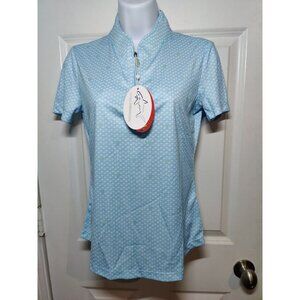Greg Norman ML75 Play Dry‎ Blue White Palm Print Women's 1/4-Zip Golf Top XS NWT